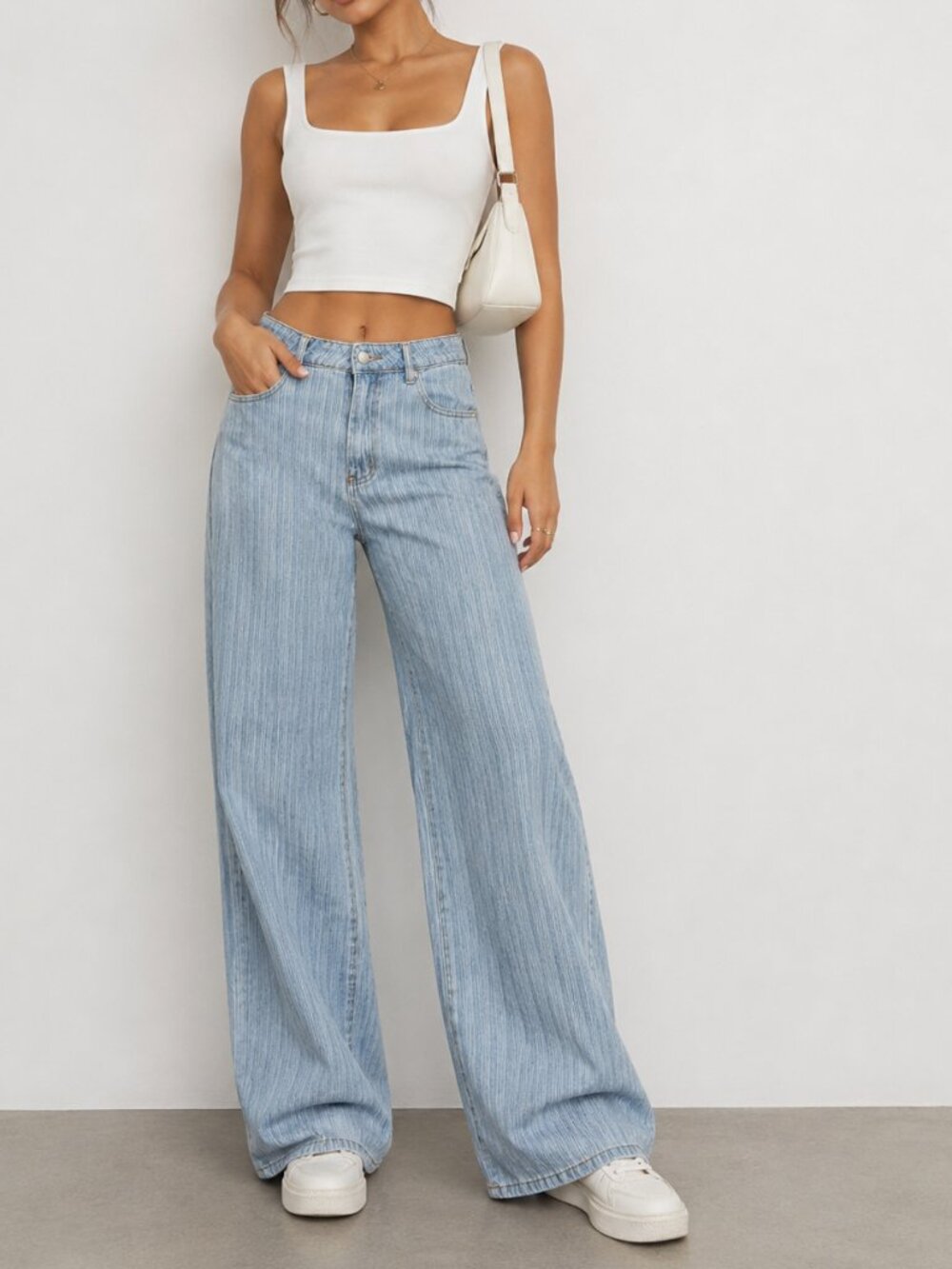 SHEIN Light Wash Striped Denim Wide Leg High Rise Jeans Size Large